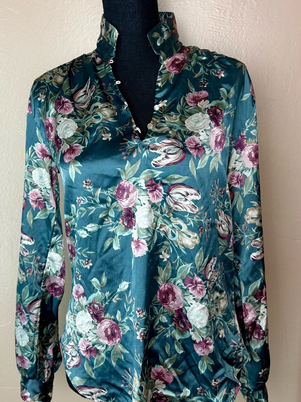 Vintage Langtry Ltd Teal Rose Satin Floral Ruffle Stand Collar Blouse